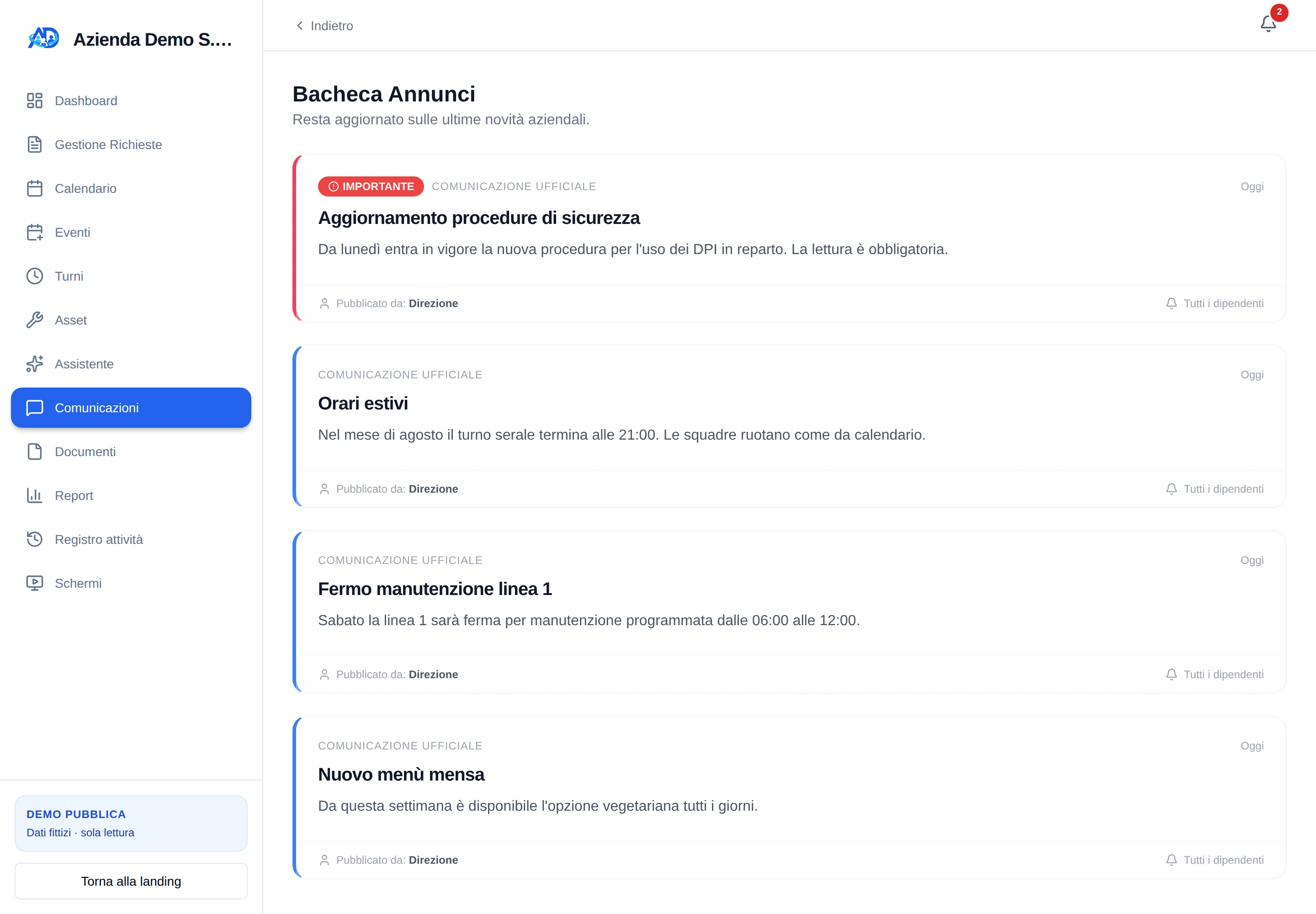 Bacheca annunci HumanDesk con comunicazioni ufficiali, priorità, autore e data