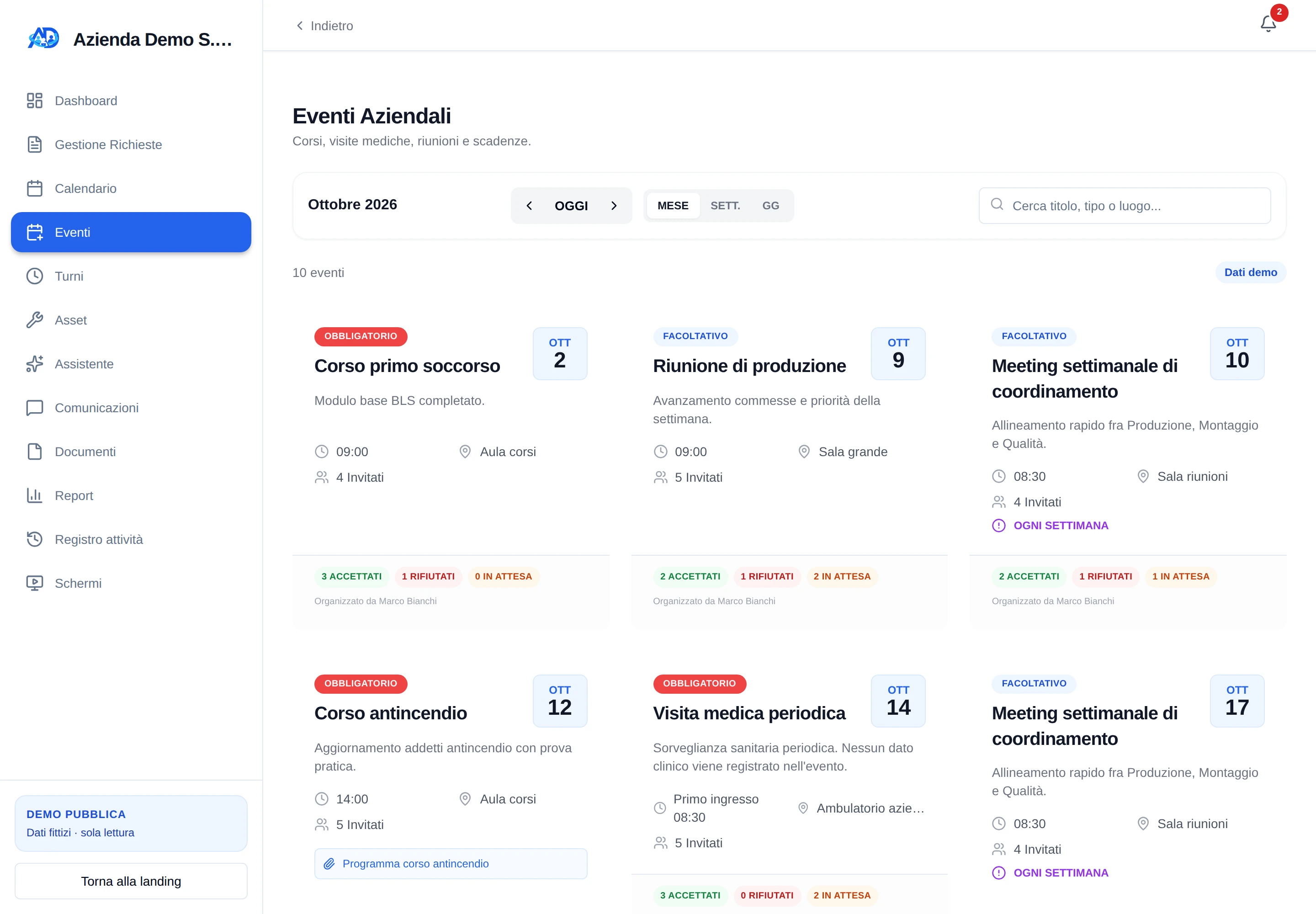 Eventi aziendali HumanDesk con corsi, riunioni e stato delle risposte